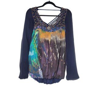 Save the Queen Blouse Womens XL Artsy Sheer Mesh Colorful Abstract Boho Y2k City